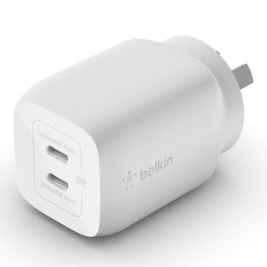 Belkin BoostCharge Pro Dual USB-C GaN Wall/Laptop Charger with PPS 65W - White(WCH013auWH), 1*USB-C(45-65W), 1*USB-C(20-65W), Compact, Fast & Travel Ready WCH013auWH