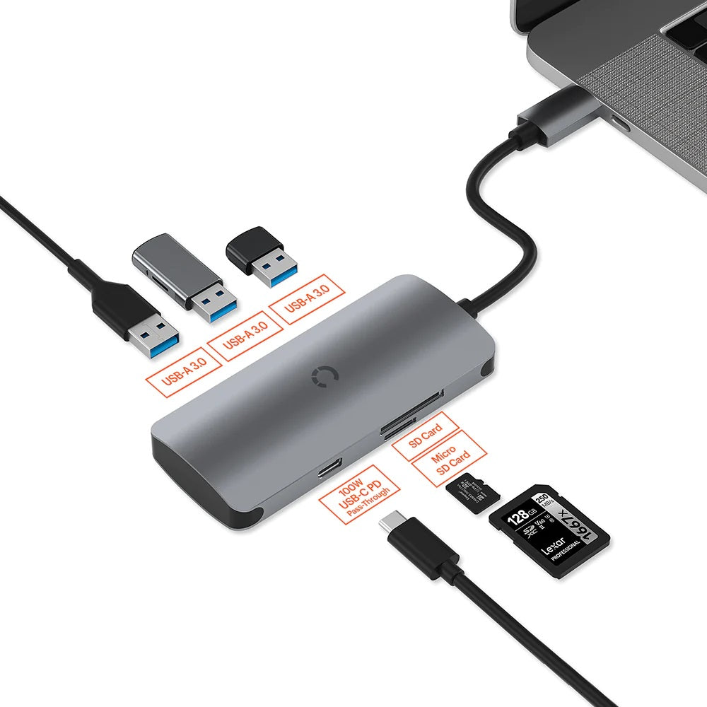 Cygnett Unite SlimMate 6-in-1 USB-C Multiport Hub Adapter Dock-(CY3316HUBC3)3xUSB-A 3.0 1xUSB-C 100W PD 1xSD 1xMicroSD High-Speed Data, 2Years Warranty CY3316HUBC3