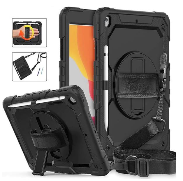 Generic Rugged Apple iPad (10.2') (9th/8th/7th Gen) Case Black - Built-in-Kickstand, Adjustable Hand Strap, Pen Holder, DropProof 6972890207514