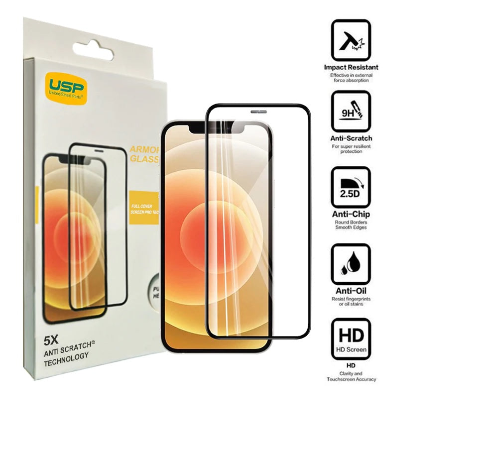 USP Apple iPhone 12 Pro / iPhone 12 (6.1') Armor Glass Full Cover Screen Protector - Impact-Resistant, Smooth Edges, 5 Years Warranty SPUAG126