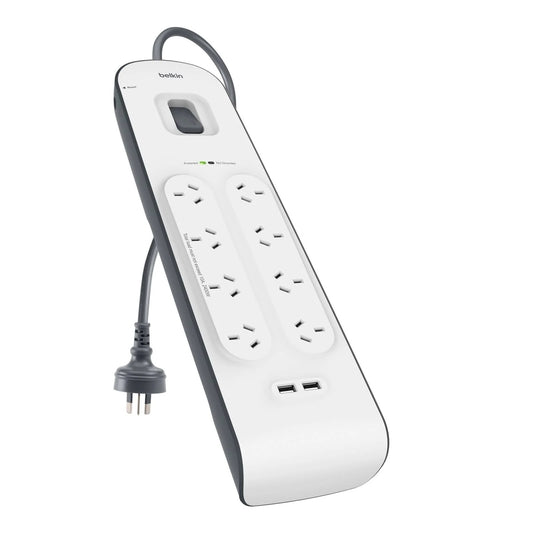 Belkin BSV804 8-Outlet 2-Meter Surge Protection Strip with two 2.4 amp USB charging ports, Complete Three-line AC protection, CEW $50, 000, 2YR BSV804au2M