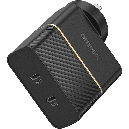 OtterBox 50W Dual Port USB-C Fast PD Wall Charger - Black (78-80354), 2x USB-C (30W + 20W), Supports PPS, Compact, Safe, Ultra-Durable, Intelligent Charging 78-80354