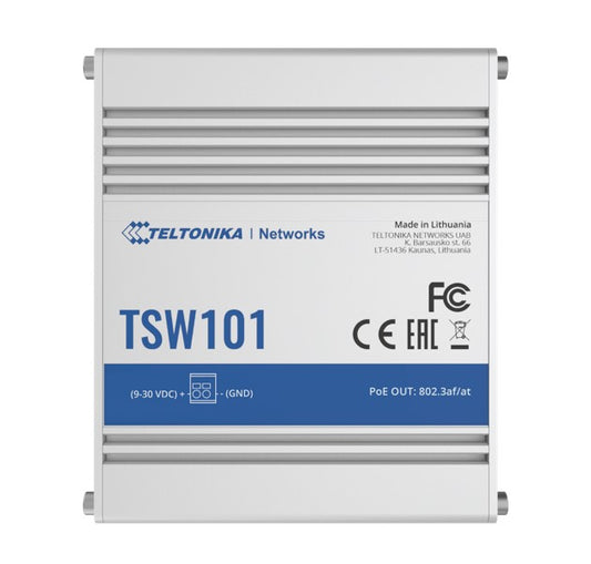 Teltonika TSW101 - Automotive PoE+ Switch, 4x PoE Ports, 5 x Gigabit Ethernet ports with speeds of up to 1000 Mbps - PSU excluded (PR3PRAU6) TSW101000000