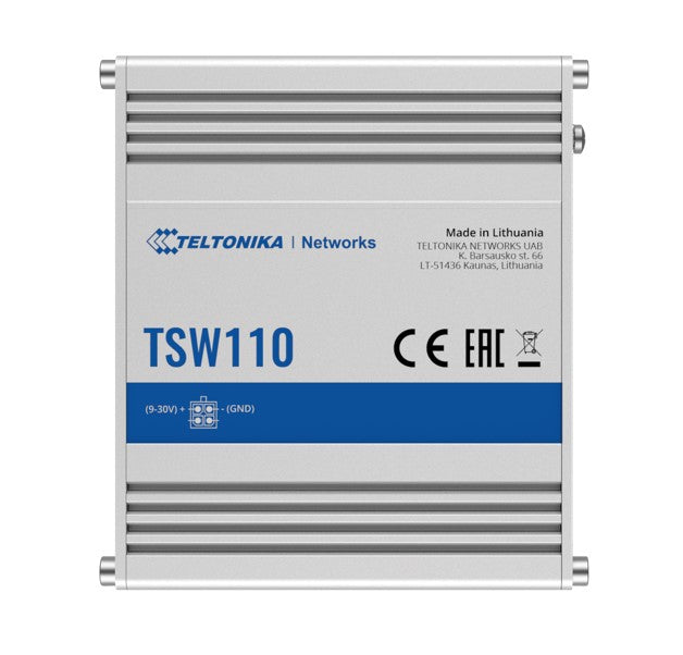 Teltonika L2 Unmanaged Ethernet Switch, 5 x Gigabit Ethernet with speeds up to 1000 Mbps, Operating Temperature from -40 C to 75 C, PSU included TSW110000020