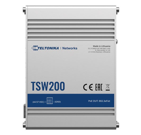 Teltonika TSW200 - Industrial PoE+ Switch, 2x SFP ports, 8x PoE+ ports with speeds up to 1000 Mbps, Power Up to 240 W - PSU excluded TSW200000050