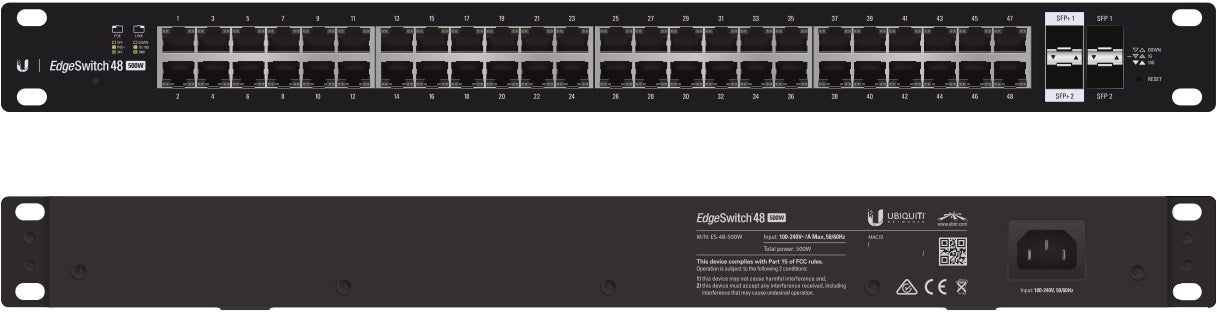 Ubiquiti EdgeSwitch 48, 48-Port Managed PoE+ Gigabit Switch, 2 SFP and 2 SFP+, 500W, Support PoE+ & 24v Passive, No Controller Needed, 2Yr Warr ES-48-500W