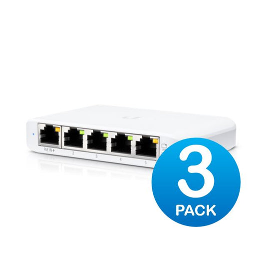 Ubiquiti USW Flex Mini 3 Pack - Managed, *No PSU/Cable*, UniFi, Layer 2 Gigabit Switch, 5x GbE RJ45 Ports, PoE (802.3af) or USB Type-C 5V 1A, 2Yr Warr USW-Flex-Mini-3