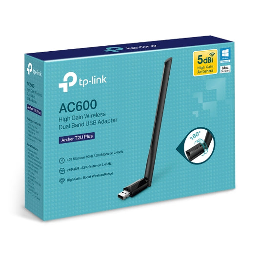 TP-Link Archer T2U Plus AC600 High Gain Wi-Fi Dual Band USB Adapter, 433Mbps at 5GHz + 200Mbps at 2.4GHz, USB 2.0, 1 high gain antenna Archer T2U Plus