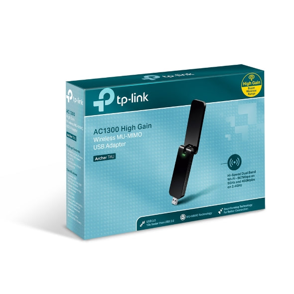 TP-Link Archer T4U AC1300 Wireless Dual Band USB Adapter 2.4GHz (400Mbps) 5GHz (867Mbps) 1xUSB3 802.11ac Omni Directional Antenna WPS button USB Ext C Archer T4U