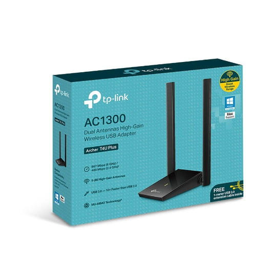 TP-Link Archer T4U Plus AC1300 High Gain Dual Band Wi-Fi USB AdapterSPEED: 867 Mbps at 5 GHz + 400 Mbps at 2.4 GHzSPEC: 2x High Gain External Anten Archer T4U Plus
