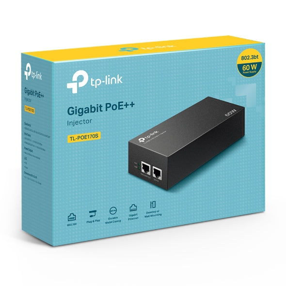 TP-Link TL-POE170S Omada PoE++ Injector, 2 Gigabit Ports, 802.3af/at/bt, Integrated Power Supply, Wall Mountable, Plug & Play POE170S