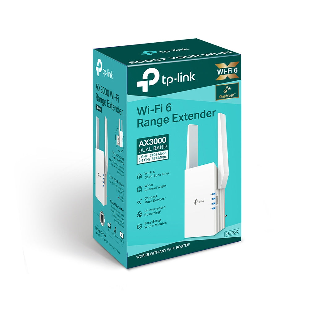 TP-Link RE705X AX3000 Mesh WiFi 6 Extender 574Mbps@2.4GHz 2402Mbps@5GHz, 1x Gigabit Ethernet Port, 2x External Antennas RE705X