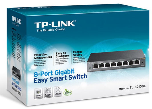 TP-Link TL-SG108E 8-Port Gigabit Easy Smart Switch Provides network monitoring, traffic prioritization and VLAN Web-based user interface Fanless TL-SG108E