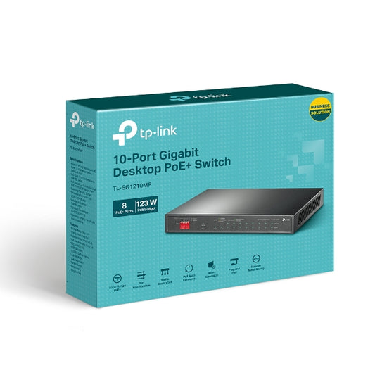 TP-Link TL-SG1210MP 10-Port Gigabit Desktop Switch with 8-Port PoE+PORT: 8x Gigabit PoE+ Ports, 2x Gigabit Non-PoE Ports, 1x Combo Gigabit SFP SlotS TL-SG1210MP