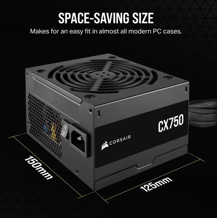 Corsair CX Series CX750 - 750 Watt 80 PLUS Bronze ATX Power Supply (AU), Compact 125mm, Up to 88% Efficiency CP-9020279-AU