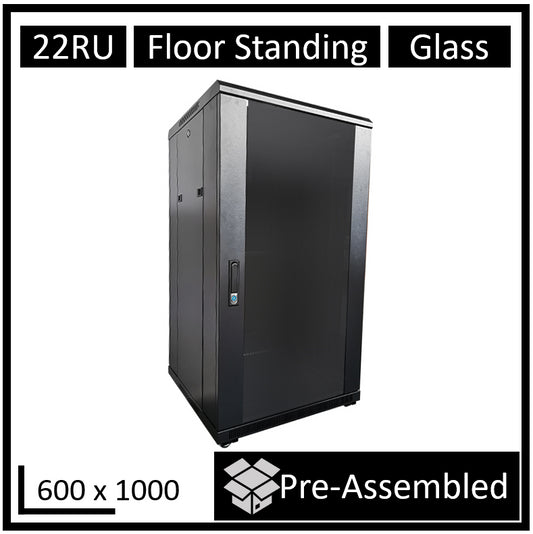 LDR Assembled 22U Server Rack Cabinet (L600mm x W1000mm x H1070mm), Glass Door, 1x 8-Port PDU, 1x 4-Way Fan, 2x Fixed Shelves -Black Metal Construction WB-NC602215B