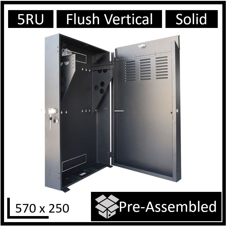 LDR Assembled 5U Flush Wall Mount Vertical Cabinet (570mm x 250mm) - 4U Rack For Gear & 2U Mount For Patch Panels - Black Metal Construction WB-FT