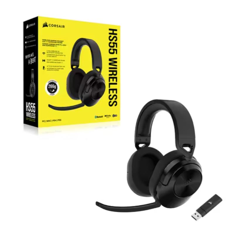 Corsair HS55 WIRELESS Gaming Headset- Carbon (AP), 50mm drivers, Dolby 7.1, wireless 50 ft, 24h battery, PC/PS4/PS5, iCUE support, omnidirectional mic CA-9011280-AP