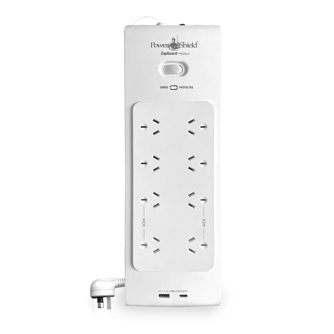 PowerShield PSZ8U2 ZapGuard 8 Way Power Surge Filter Board, USB A / C Connectors, Wide Spaced Sockets, Wall Mountable, $60, 000 Connected Equipment PSZ8U2