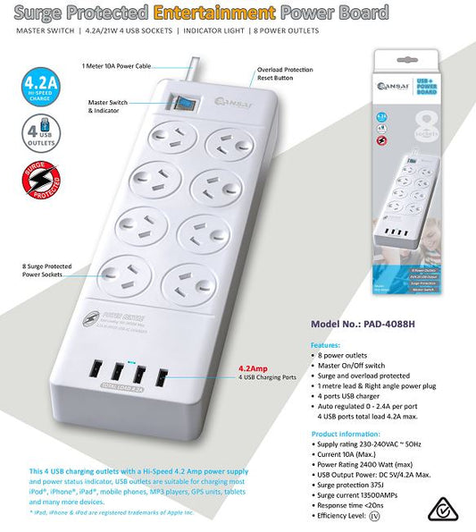 Sansai 8 Outlets & 4 USB Outlets Surge Protected Powerboard Master On/Off switch 1M lead & Right angle plug 230-240VAC IV Retail box PAD-4088H