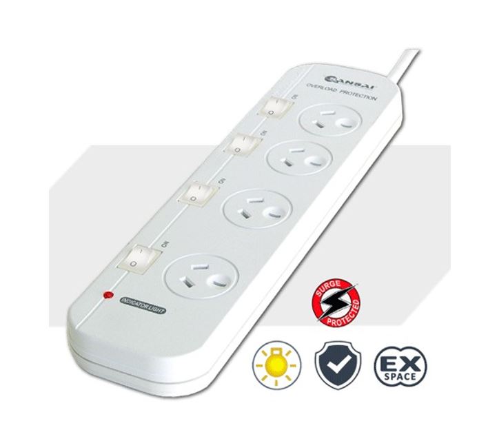 Sansai 4-Way Power Board (421SW) with Individual Switches and Surge Protection 2 Extra Spaced Sockets Indicator Light 100CM Lead 240VAC 50Hz 10A PAD-421SW