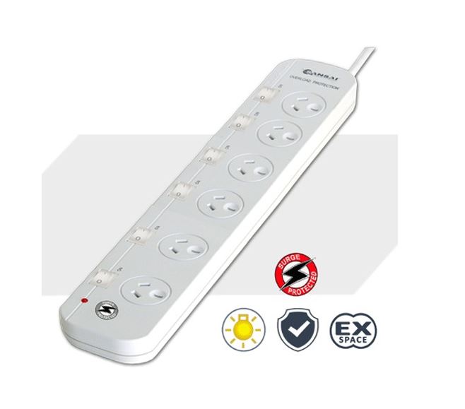 Sansai 6-Way Power Board (661SW) with Individual Switches and Surge Protection Overload Protected Reset button Indicator Light 100CM Lead 240VAC 10A PAD-661SW
