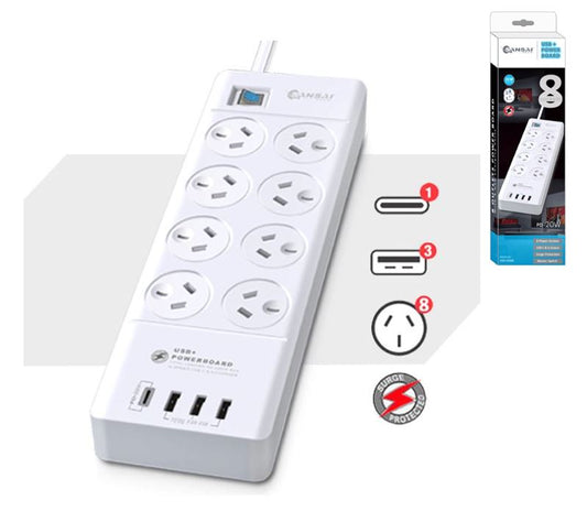 Sansai 8 Outlet 3*USB-A & 1*USB-C Powerboard Master On/Off switch Surge and overload protected 1M 20W 220-240V 10A IV Retail box PAD-8088