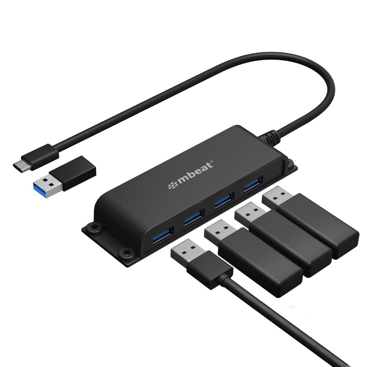 mbeat Mountable 4-Port USB-A & USB-C Adapter Hub - 60cm Data Cable, USB 3.0, 2.0 High-Speed Data Port Expansion, Save Space Mounting Solution MB-HUB-E04