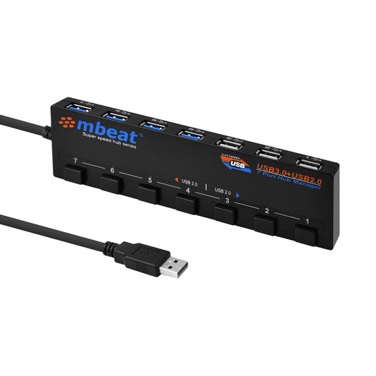 mbeat 7-Port USB 3.0 & USB 2.0 Powered Hub Manager with Switches - 4x USB 3.0 with 5Gbps/3x USB 2.0 with 2.4Ghz(480Mbps)/Super Fast Hub Manager USB-M43HUB