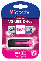 Verbatim 16GB V3 USB3.0 Pink Store'n'Go V3; Rectractable USB Storage Drive Memory Stick 49178