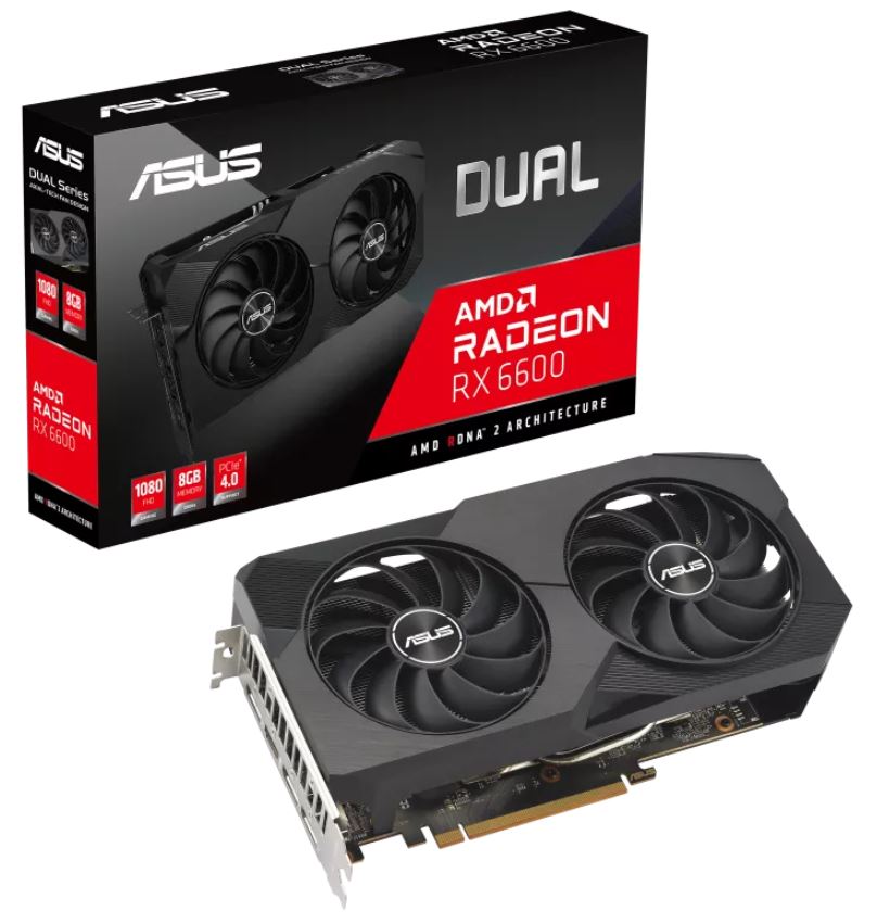 ASUS AMD Radeon DUAL-RX6600-8G-V2 RX 6600 V2 8GB GDDR6, 2491 MHz Boost Clock, RAM 14 Gbps, 3xDP, 1xHDMI, 243x134x49mm DUAL-RX6600-8G-V2