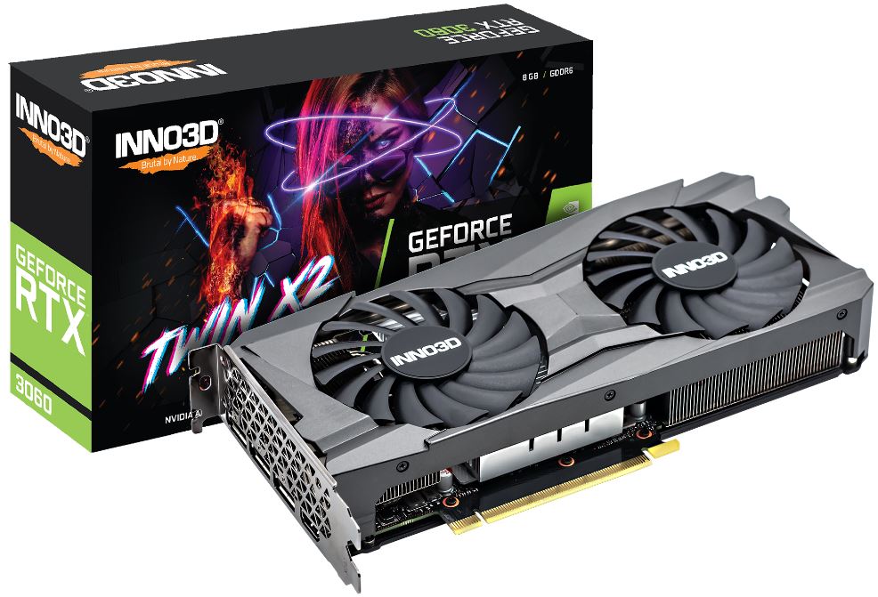 INNO3D nVidia GeForce RTX 3060 TWIN X2 8GB GDDR6 GPU, 1777MHz Boost Clock, 3xDP, 1xHDMI, LHR, 240x120mm x 2-slot (3060) N30602-08D6-11902130