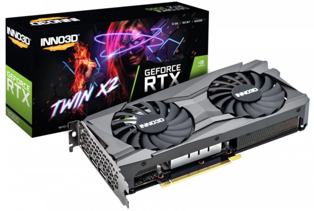 INNO3D nVidia GeForce RTX 3060 TWIN X2 12G GDDR6, 1777MHz Boost Clock, RAM 15Gbps, 3xDP. 1xHDMI, 240x120mm x 2-slot (3060) N30602-12D6-119032AH