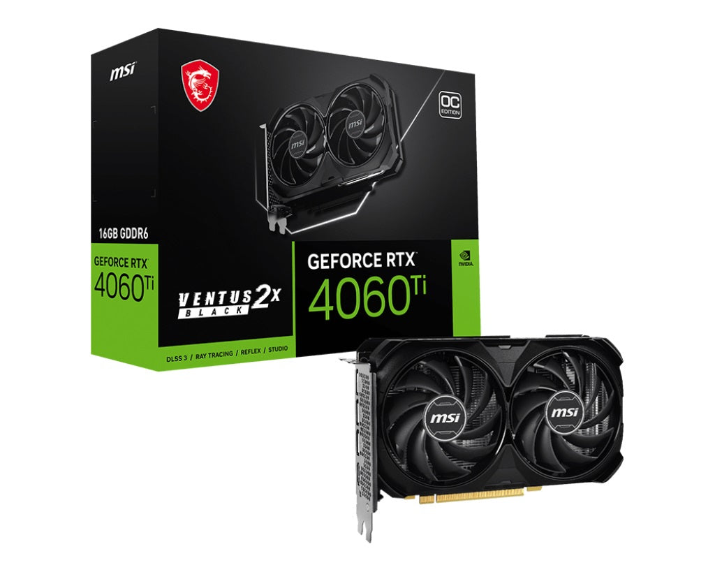 MSI nVidia GeForce RTX 4060 Ti VENTUS 2X BLACK 16G OC Video Card 2610 MHz Boost Clock, 16GB GDDR6, DisplayPort x 3 (v1.4a), HDMI x 1 RTX 4060 Ti VENTUS 2X BLACK 16G OC