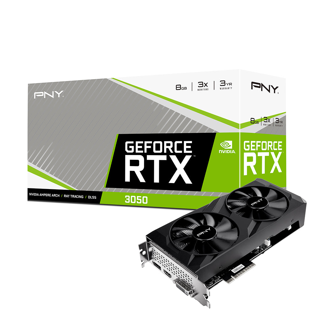 PNY GeForce RTX 3050 8GB Verto Dual Fan /PCI-Express 4.0 x8/ Clock Speed 1552 MHz/ Boost Speed 1777 MHz/ Memory Size 8GB GDDR6/ 3-year Warranty VCG30518DFBPB1