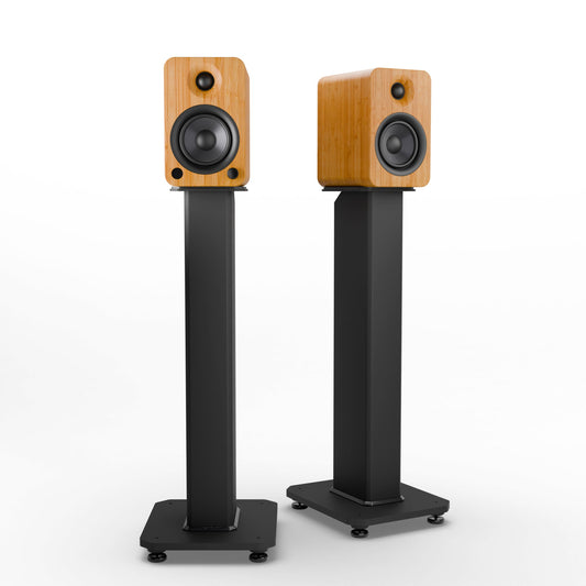 Kanto YU4 140W Powered Bookshelf Speakers with Bluetooth and Phono Preamp - Pair, Bamboo with SX26 Black Stand Bundle KO-YU4BAMBOO-SX26