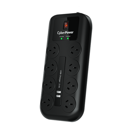 CyberPower 8-port Surge Protector with 2 x USB Charging Ports - 5 Yrs Adv. Replacement WTY CPSURGE08USB-ANZ