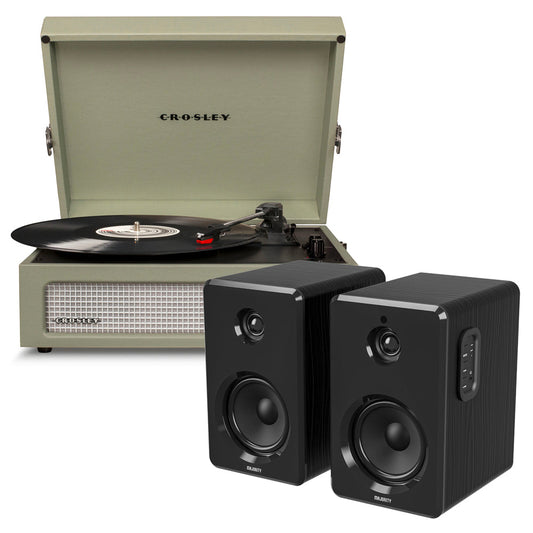 Crosley Voyager Bluetooth Portable Turntable - Sage + Bundled Majority D40 Bluetooth Speakers - Black CR8017BMY-SA4