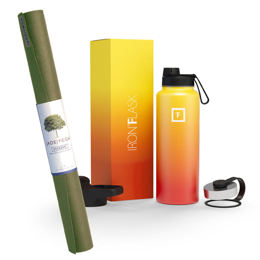 Jade Yoga Voyager Mat - Olive & Iron Flask Wide Mouth Bottle with Spout Lid, Fire, 32oz/950ml Bundle JY-668OL-IFB