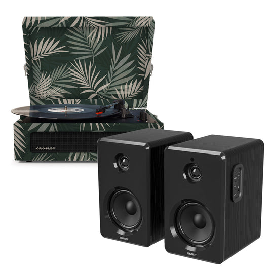 Crosley Voyager Bluetooth Portable Turntable - Botanical + Bundled Majority D40 Bluetooth Speakers - Black CR8017BMY-BO4